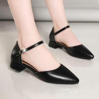 达芙尼真软皮2021夏新款包尖头仙女风百搭一字扣带粗中跟女凉单鞋 黑色(包跟款) 标准码 34