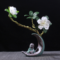 水培植物花器花盆禅意小和尚家居装饰人物摆件陶瓷室内客厅博古架 静思小和尚水培(送仿真花)