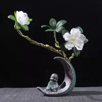 水培植物花器花盆禅意小和尚家居装饰人物摆件陶瓷室内客厅博古架 静思小和尚水培(送仿真花)