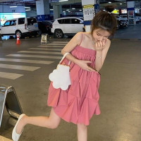 一字肩连衣裙女灯笼裙夏俏皮蓬蓬裙宽松露肩抹胸细吊带度假裙子潮 粉红色 S