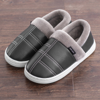 防水棉拖鞋女秋冬季月子家居防滑厚底家用棉鞋加绒包跟皮面拖鞋男 黑色5102【单双】 36-37【适合35-36码】