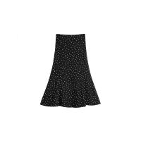 2021春秋新款雪纺半身裙女夏季波点印花中长款高腰包臀鱼尾裙裙子 黑色 S 松紧腰围1尺9