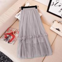 2021春夏新款渐变色网纱裙星空百褶超火A字半身裙中长款仙女长裙 珍珠花 灰色 裙长78厘米 S [两层纱+内衬]