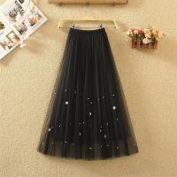 春夏网纱裙半身裙女中长款裙子高腰a字大摆钉珠百褶长裙仙女纱裙 黑色 805款梅花珠 金典黑 裙长68厘米[二层纱+内衬]