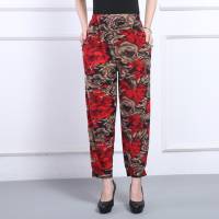 中老年人裤子女春秋夏款妈妈裤印花松紧大码打底九分奶奶裤宽松裤 红牡丹 均码 适合90至170斤