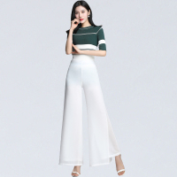 雪纺阔腿裤女2021春夏新款韩版高腰长裤薄双层跳舞裤裙裤甩腿裤子 白色开叉 2尺