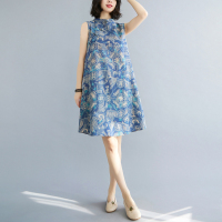 2021夏季新款中式复古改良盘扣旗袍裙宽松显瘦棉麻无袖印花连衣裙 牛仔蓝 L[95-115斤]