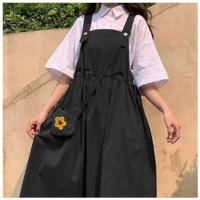 夏装背带连衣裙女学生韩版宽松学院风显瘦吊带中长裙小黑裙送包包 短袖白衬衫[百搭打底衫] S