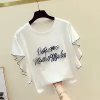 品牌折扣店女装尾货清仓特价重工T恤短袖钉珠刺绣荷叶边上衣 白色 500件起25元