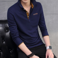 工装POLO衫长袖T恤男翻领修身短袖秋季2021新款工作服秋装秋衣潮 C7长袖 藏青橙领 M