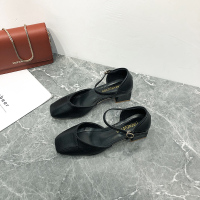 方头粗跟单鞋女2021年新款春款鞋子仙女风百搭学生一字扣高跟鞋潮 黑色 35