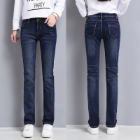 2021年春季女直筒牛仔裤女弹力中腰潮流显瘦宽松直通深色大码长裤 深蓝色 25码(1尺8)