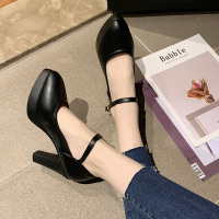 防水台高跟鞋女鞋旗袍黑色模特单鞋粗跟大码职业工作鞋走秀鞋女秋 黑色 35