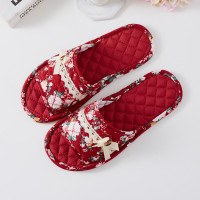 布艺拖鞋男女牛筋软底家居室内地板防滑家用棉布拖鞋春夏秋冬四季 新牛筋女酒红牡丹 女37-38码适合36-37脚