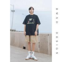 BWXD夏季新品小清新海边冲浪印花短袖T恤男生百搭休闲圆领tee 黑色 M