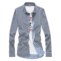 长袖衬衫男春夏修身休闲格子衬衣短袖条纹寸衣碎花工青少年男装潮 藏青条纹(薄款) L/170