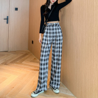 格子裤女春秋夏季薄款高腰垂感宽松阔腿裤韩版显瘦直筒休闲拖地裤 黑白格纽扣春秋款 S