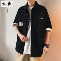 乱步春季百搭短袖衬衫男士潮流宽松痞帅衬衣港风复古机能工装外套 719黑色 S