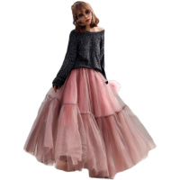 2021春夏三层网纱半身裙女高腰显瘦网纱中长款超大下摆蓬蓬裙A字 卡其+藕粉-三层纱一层里 裙长90 建议70-140斤