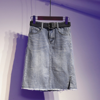胖妹妹大码遮肉牛仔半身裙女春夏新款高腰弹力显瘦包臀A字短裙潮 浅蓝色 3127送黑色皮腰带 S码[ 90-100斤]