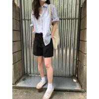 馨帮帮 韩版夏季百搭五分裤女2021高腰宽松显瘦工装阔腿休闲短裤 黑色 配送腰带 S