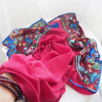 丝巾女轻薄款大西北沙漠防晒披肩民族风茶卡盐湖保暖围巾冬季纱巾 四边穗花园枣红