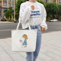 帆布包女文艺夏季手提袋单肩学生袋子大容量拉链购物袋新款布袋包 草帽女孩-白色