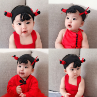 婴儿护囟门发带男女宝宝哪吒假发发饰儿童百日周岁中国风头饰搞笑 哪吒辫子