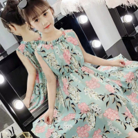 女童连衣裙夏装2021新款洋气碎花雪纺裙子大童儿童夏款女孩公主裙 青绿色 110cm