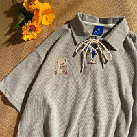 日系古着polo衫翻领t恤女薄款秋季短袖vintage小众半袖设计感上衣 灰色(优质) M