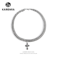 卡门 INS暗黑风复古十字架吊坠嘻哈个性双层设计钛钢项链男毛衣链 古银色(链长约45cm)