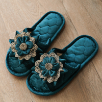 情侣布艺欧式高档家居地板拖鞋丝绒家用秋冬防滑女士春秋室内奢华 蓝色 女款 女 底标37-38码适合36-37脚穿
