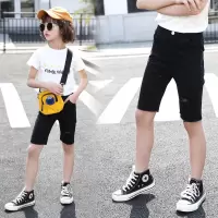 女童夏装洋气五分牛仔裤百搭高弹中裤子儿童大童韩版休闲中裤马裤 黑色五分裤 110cm