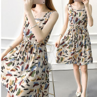 棉绸短袖连衣裙女夏季新款小个子时尚外穿碎花人棉无袖背心短睡裙 杏色 马尾草2号 M