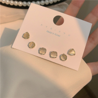 三对装耳钉~日常猫眼石简约几何三角圆形耳环女高级感耳饰潮 银针 3对装