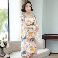 棉绸睡裙女夏季圆领人造棉连衣裙薄款宽松大码短袖妈妈装大码群子 一号色 L