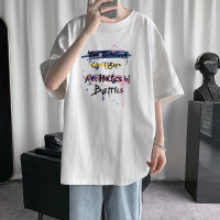 字母涂鸦短袖t恤男2021新款潮牌嘻哈五分中半袖上衣韩版宽松体恤 白色 M