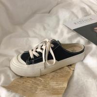 山本风小众设计帆布鞋女ulzzang百搭韩版黑色板鞋子ins潮复古港味 黑色半拖 35