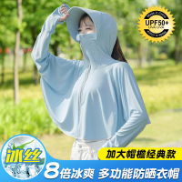 防晒衣女2021夏季新款骑车冰丝防晒服紫外线透气防晒罩衫长袖外套 加长帽檐一体-天蓝色 F (80-140斤)