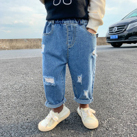 童装男童裤子春秋款小童2021新款薄款儿童牛仔裤破洞洋气宝宝秋装 牛仔蓝 80cm