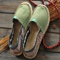 2021新款麻底鞋手工时尚草编鞋亚麻布鞋吸汗透气一脚蹬懒人玛丽鞋 军绿色 军绿民族风 35 运动鞋码偏小半码