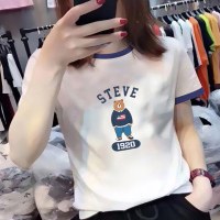 欧洲站夏季新款设计感小众印花宽松短袖T恤女撞色圆领体恤衫上衣 蓝白 S