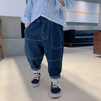 萌萌哒童装儿童拼接牛仔裤2021新款韩版宽松裤子秋装男童休闲长裤 深蓝色 80cm