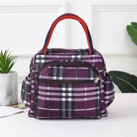 手提包女大号防水加厚布包女士便当包饭盒袋手提袋小布包包妈咪包 军绿色 五拉款紫色格子