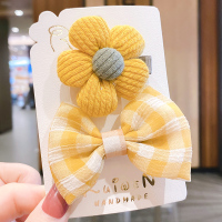 韩国儿童发夹毛线布艺蝴蝶结发卡头饰花朵bb夹子可爱宝宝边夹发饰 黄色小花-2件套