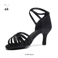 北舞拉丁舞蹈鞋成人女中高跟黑色缎面软底初学广场交谊演出跳舞鞋 黑色7厘米跟 34