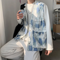 日系暗黑系机能背心外套男高街嘻哈痞帅潮流宽松扎染迷彩工装马甲 蓝色 S