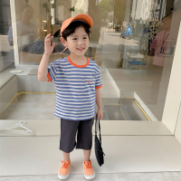 萌萌哒童装新款夏装男童t恤宝宝短袖儿童条纹圆领T恤宽松百搭体恤 蓝条纹 80cm