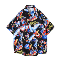 周杰伦同款mojito花衬衣古巴风碎花衬衫男短袖情侣夏威夷沙滩寸衫 黑色 S