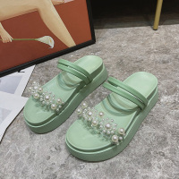 配裙子凉鞋2021年新款女夏大学生厚底松糕两穿凉拖鞋仙女风沙滩鞋 绿色 35 标准码数 女款